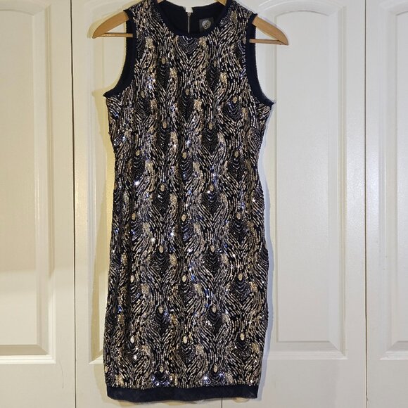 Vince Camuto Sequin Shift Dress 12 Blue Gold 1920s Gatsby Cocktail Party Glam - Picture 1 of 16
